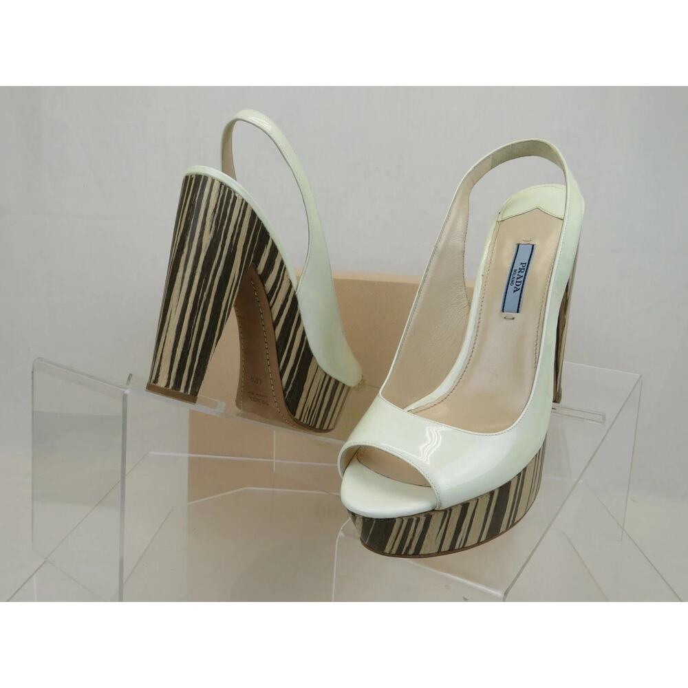 NIB PRADA 1Z647D WHITE PATENT LEATHER WOOD PLATFORM SANDALS PUMPS 40.5 ITALY - Picture 8 of 11